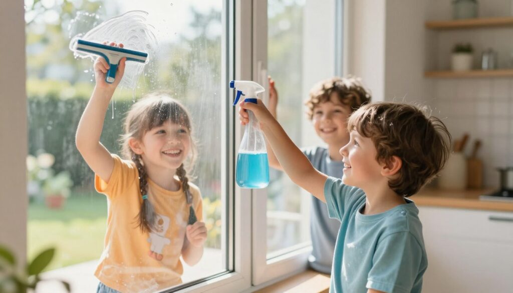 Fenster putzen mit Kindern