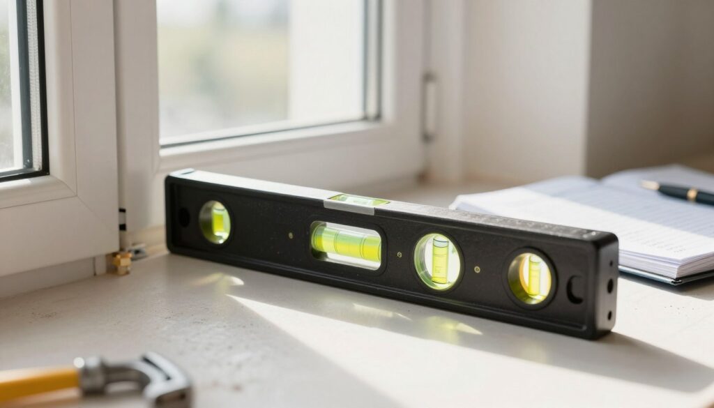 Wasserwaage beim Ausmessen von Fenstern